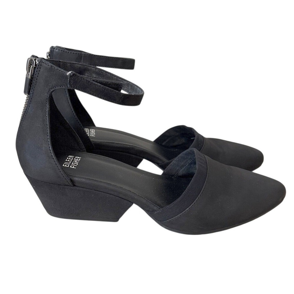 Eileen Fisher Black Hutton Leather Ankle Strap Pointed Toe‎ Block Heel Pumps 9